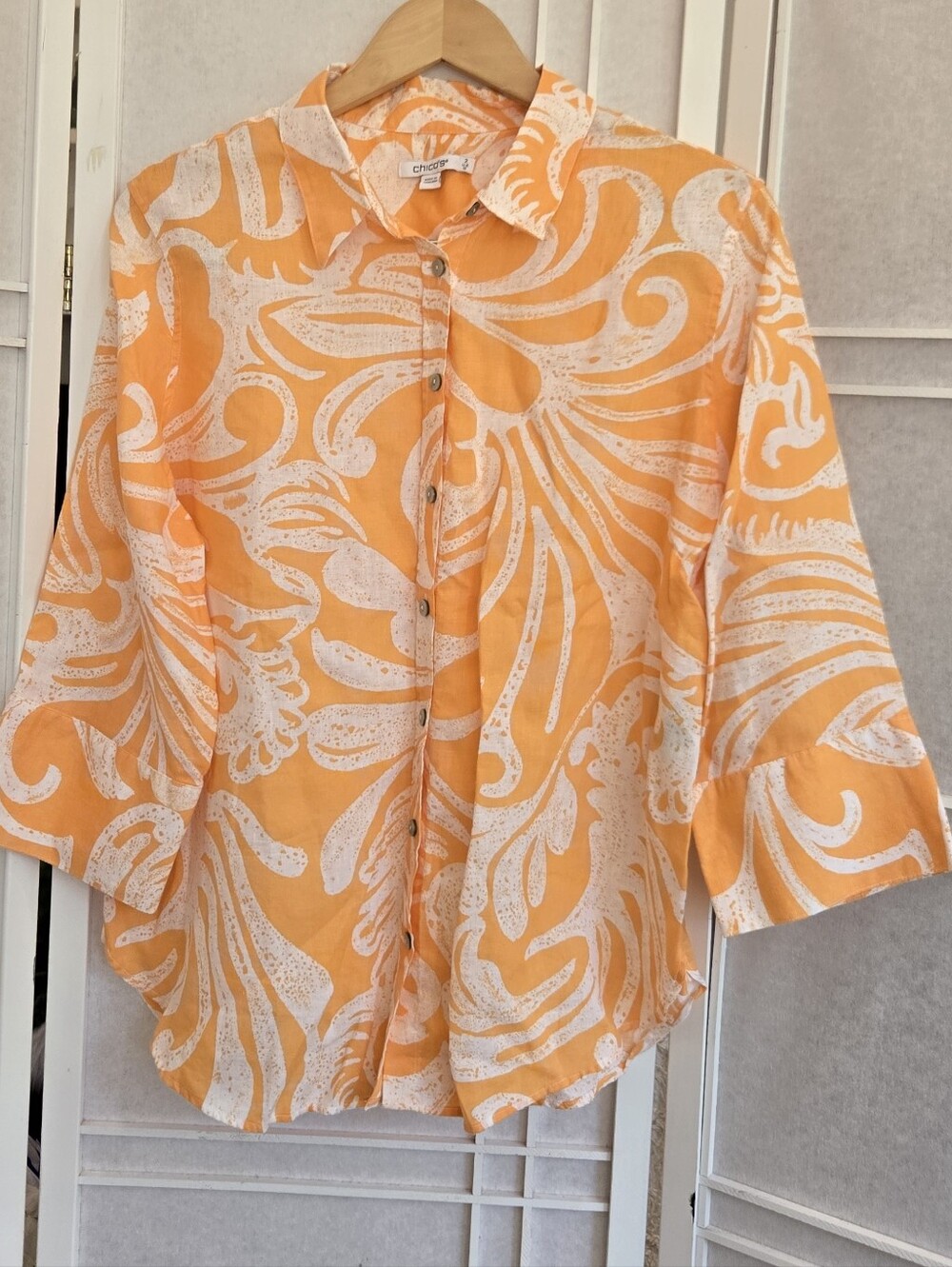 Chico's Orange and White Printed Button-Front Blouse